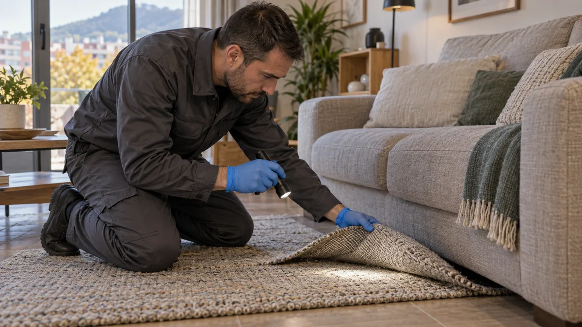 Técnico inspeccionando el borde de una alfombra y la base de un sofá en Terrassa
